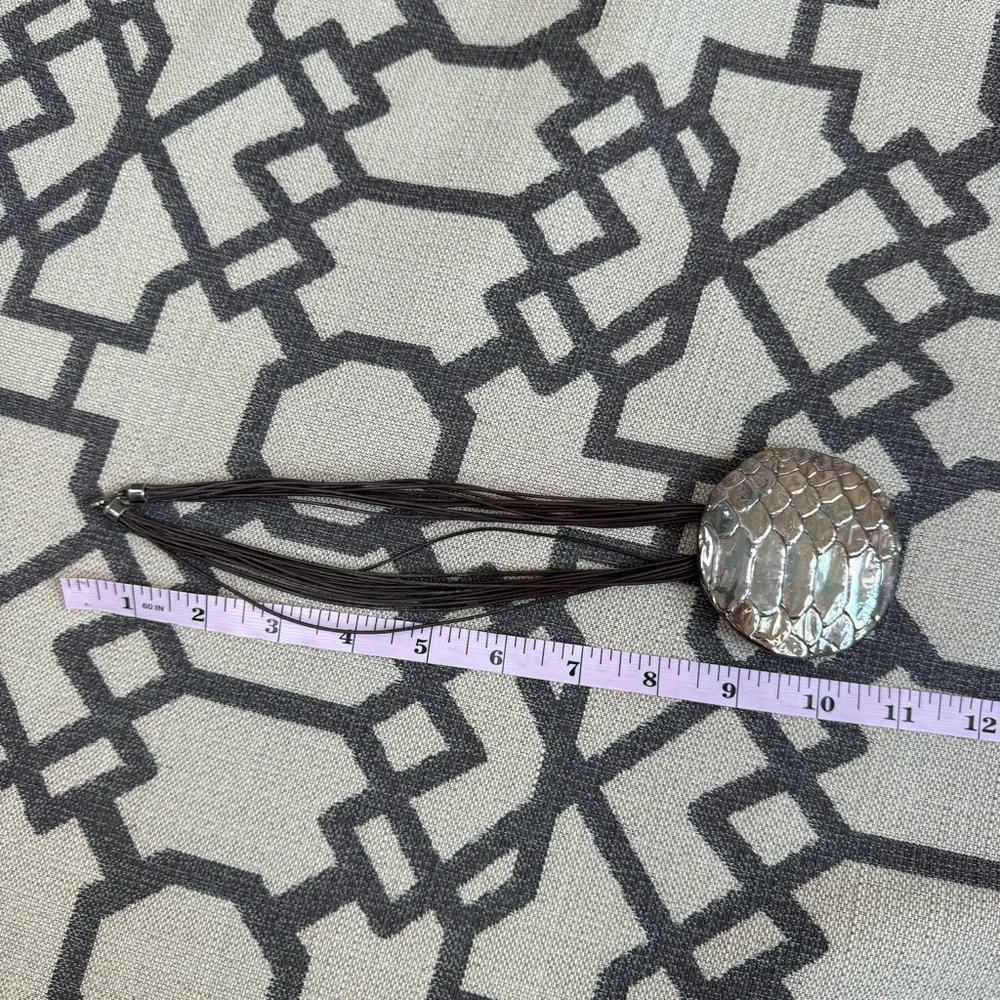 E&L Israel 925 Sterling Silver Electroform Snake Skin Disc Leather Cord Necklace